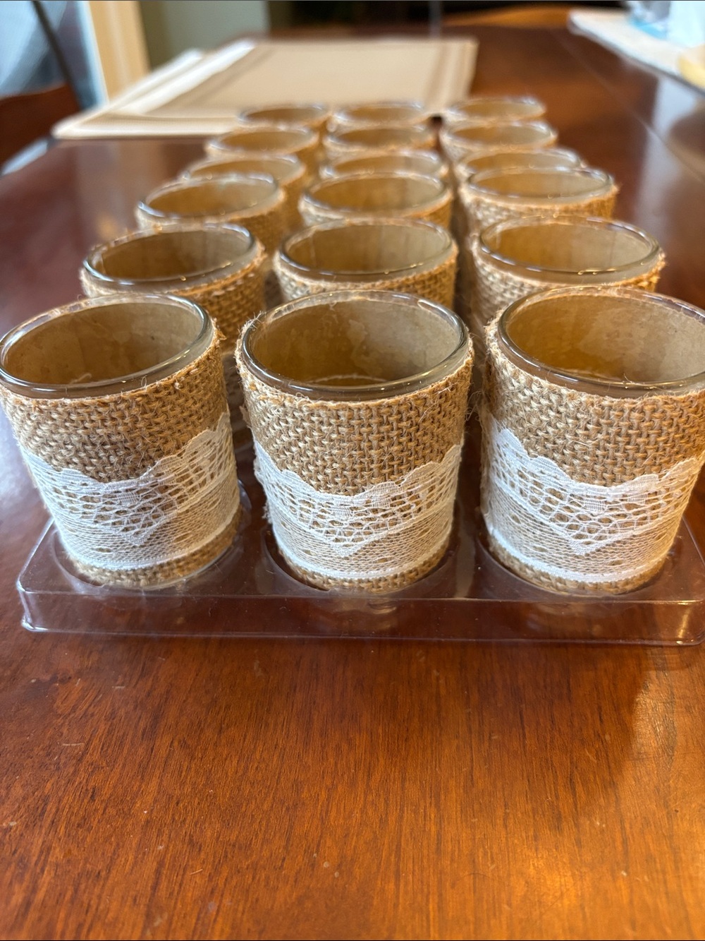 New Rustic Burlap and Lace Votive Candle Holders - Set of 18